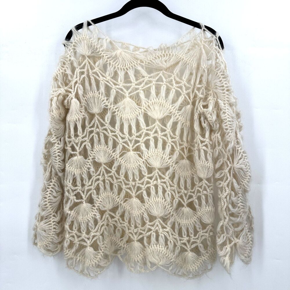 Handmade Crochet Sweater Women M L Ivory Open Knit Fringe Boho Art to Wear Layer